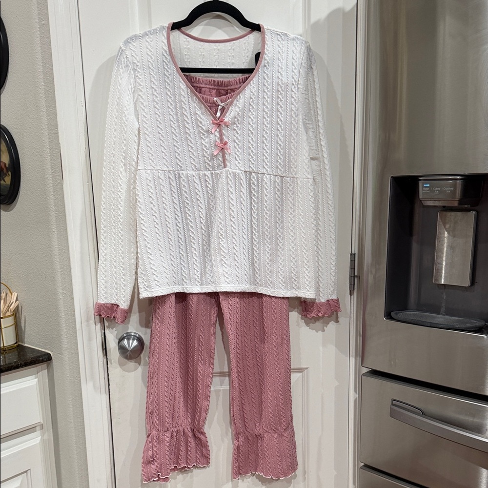 Ladies' Two-Piece Pink and White Knit Pajama Set